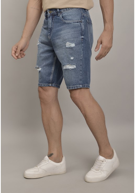 Bermuda Jeans Slim Destroyed com Recortes Dialogo Jeans  Tamanho:46;Idade:Adulto;Gênero:Homem;Cor:Azul - GET FASHION
