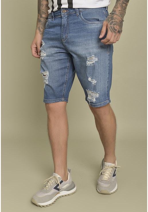 Bermuda Jeans Slim Destroyed com Recortes Dialogo Jeans  Tamanho:46;Idade:Adulto;Gênero:Homem;Cor:Azul - GET FASHION