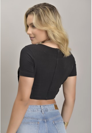 Blusa Caneladinha Feminina Manga Curta na Cor Preto Dialogo Jeans