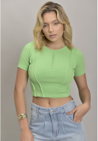 Blusa Caneladinha Feminina Manga Curta na Cor Verde Dialogo Jeans