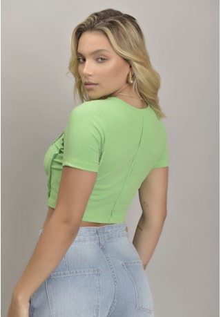 Blusa Caneladinha Feminina Manga Curta na Cor Verde Dialogo Jeans