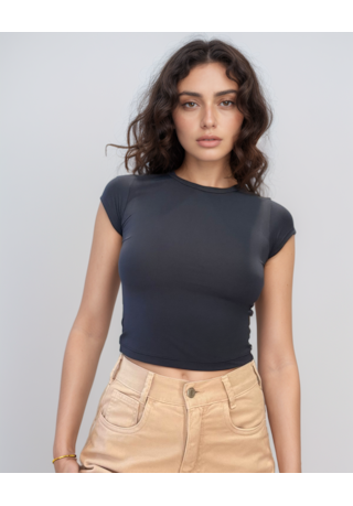 Blusa Cropped Baby Tee Feminina Manga Curta na Cor Azul Dialogo