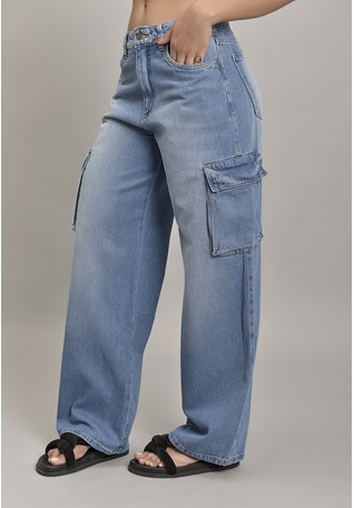 Calça Cargo de Cintura Alta com Recortes Dialogo Jeans
