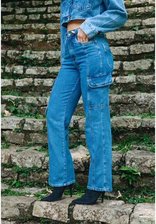 Calça Jeans Cargo Perna Reta Feminina Dialogo Jeans