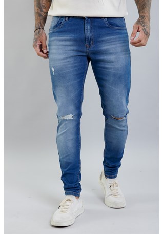 Calça Jeans Masculina Skinny com Recortes no Joelho Lavagem Média