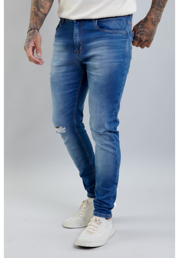 Calça Jeans Masculina Skinny com Recortes no Joelho Lavagem Média-6a72989a-297f-48f6-8f3f-895b4a9d5bd0