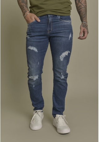 Calça Jeans Slim Arqueada com Puidos Masculino Dialogo Jeans