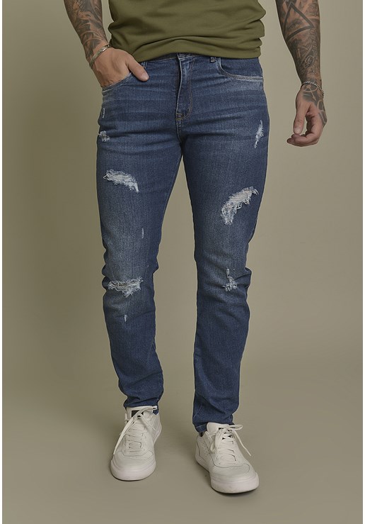 Calça Jeans Masculina Slim Com Puídos Azul