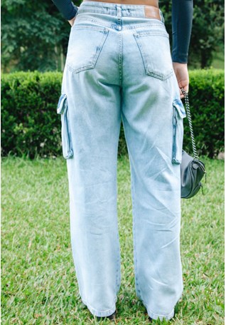 Calça Jeans Wide Leg Cargo Cintura Baixa Feminina Dialogo Jeans