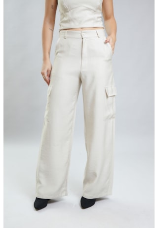 Calça Pantalona Cargo Feminina na Cor Off-White Dialogo Jeans