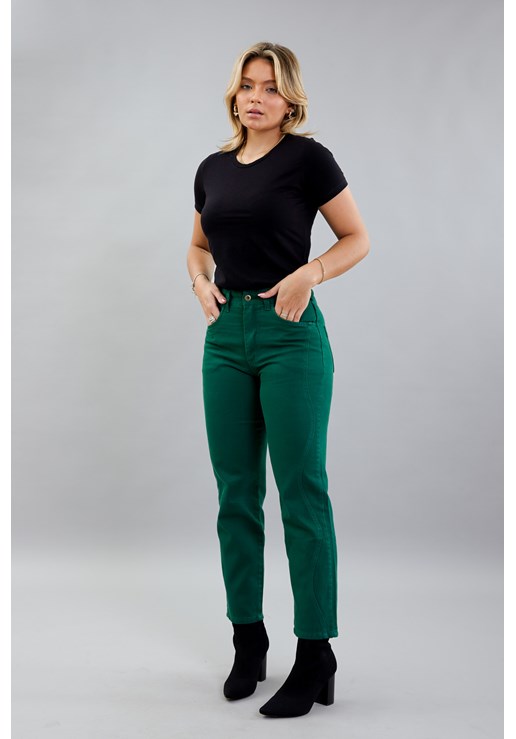 Calça Perna Reta em Sarja Color Feminina na Cor Verde Dialogo Jeans