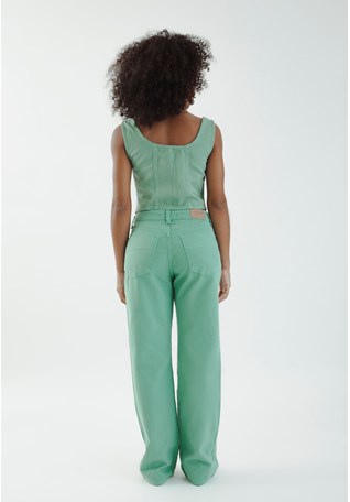 Calça Perna Reta em Sarja com Recortes Verde Feminina Dialogo Jeans