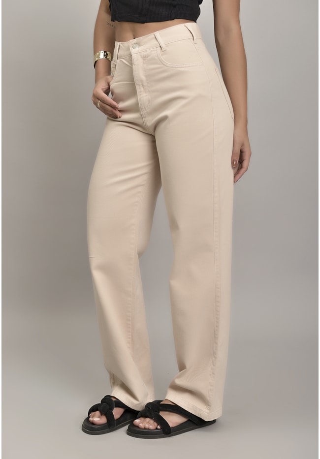 Calça Wide Leg Sarja Femino Colorida Areia Dialogo Jeans-ed8630ce-18f2-40ec-bc97-417d6ed0617d