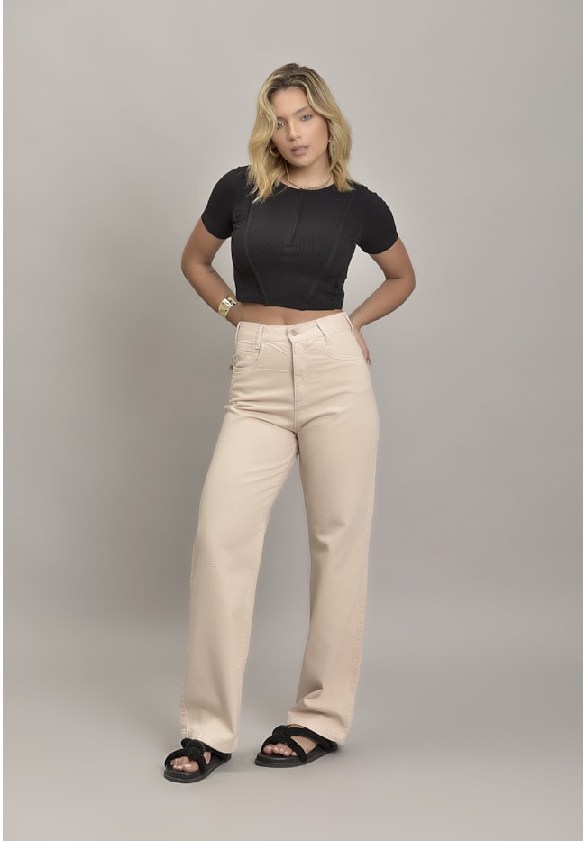 Calça Wide Leg Sarja Femino Colorida Areia Dialogo Jeans-83cb0e7a-e7df-44b5-83bd-816b8e3a8fa2