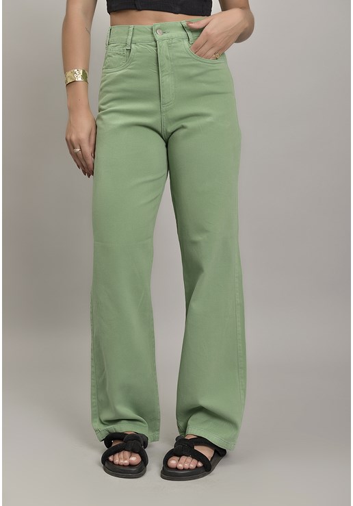 Calça Wide Leg Sarja Femino Colorida Verde Dialogo Jeans