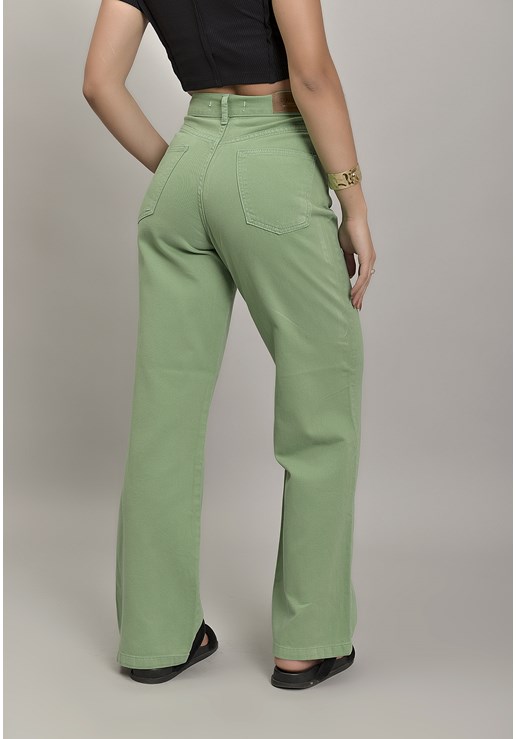 Calça Wide Leg Sarja Femino Colorida Verde Dialogo Jeans