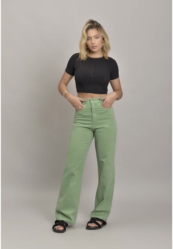 Calça Wide Leg Sarja Femino Colorida Verde Dialogo Jeans-65667765-7058-4bce-9d77-148aa95ce286