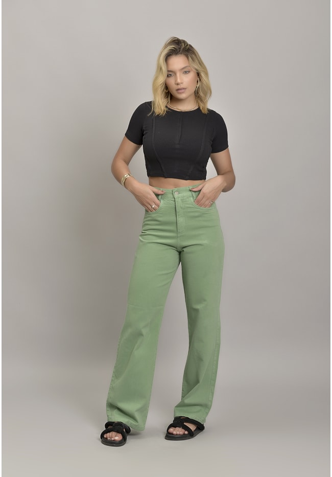 Calça Wide Leg Sarja Femino Colorida Verde Dialogo Jeans-80afebe7-2b0c-4db9-a63c-9d0b0969244a