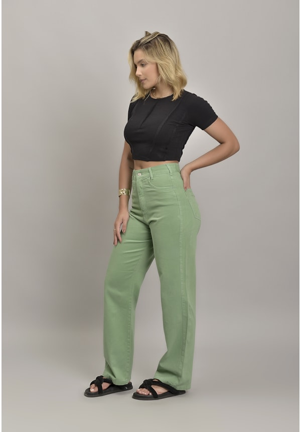 Calça Wide Leg Sarja Femino Colorida Verde Dialogo Jeans-86f6ce0d-9b25-41b4-91e3-3c5385ebf44c