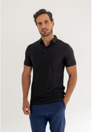 Camisa Polo Tecnológica Masculina Lisa em Poliamida Preta Dialogo