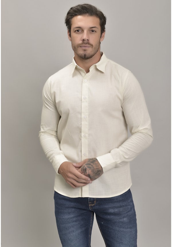 Camisa Social de Linho Manga Longa na Cor Bege Dialogo Jeans Masculino-aff7e2c7-f940-4b37-9c3a-1aea2d01783f