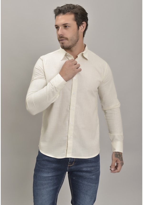 Camisa Social de Linho Manga Longa na Cor Bege Dialogo Jeans Masculino-3e5c7a2d-e0bc-4276-bf81-cd7ca73aa6e2