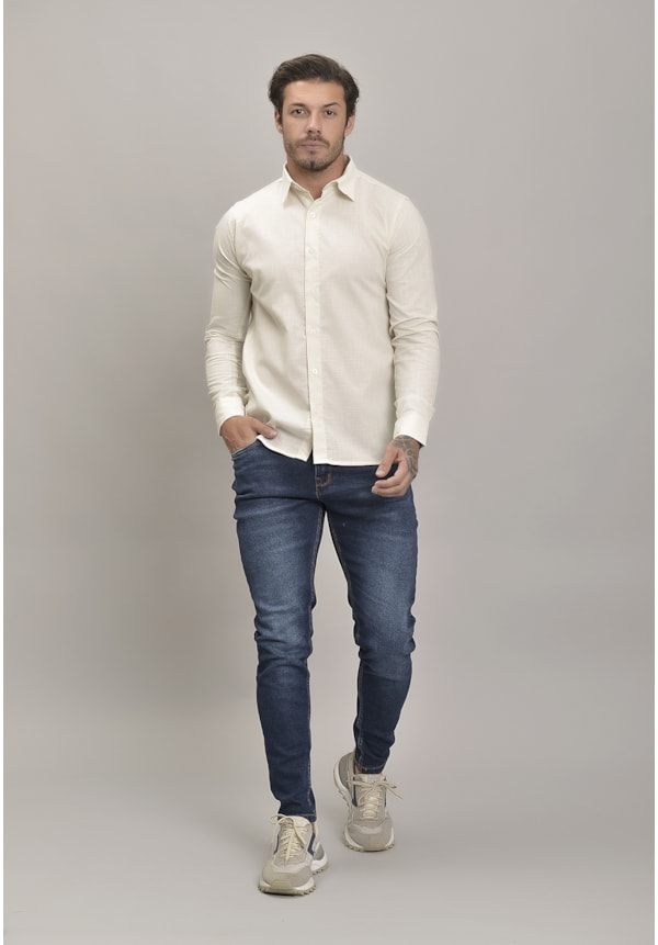 Camisa Social de Linho Manga Longa na Cor Bege Dialogo Jeans Masculino-25b0454c-8d7e-4285-a4d3-d79d6c2c56f5