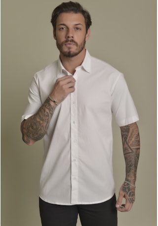 Camisa Social Masculina Manga Curta cor Branco Dialogo Jeans