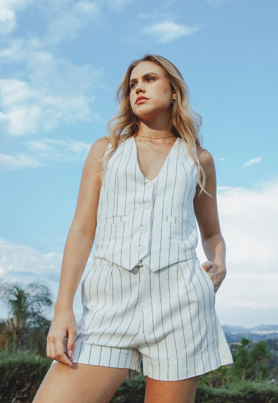 Colete de Linho Listrado com Forro Branco Feminino Dialogo Jeans