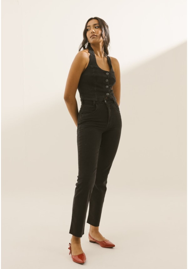 Colete Preto Feminino Jeans de Sarja com Alças Dialogo-f2f41460-8c71-452a-8967-c29c21e79a84