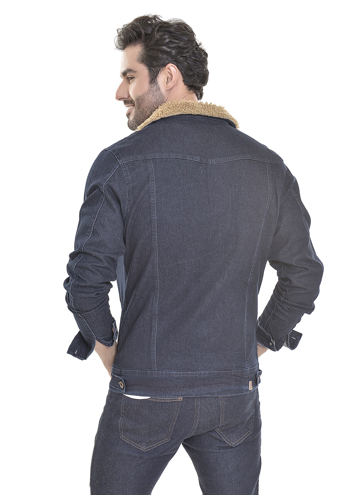 jaqueta jeans com pelo na gola masculina