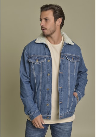 Jaqueta Jeans Trucker com Forro em Sherpa Dialogo Jeans Masculino