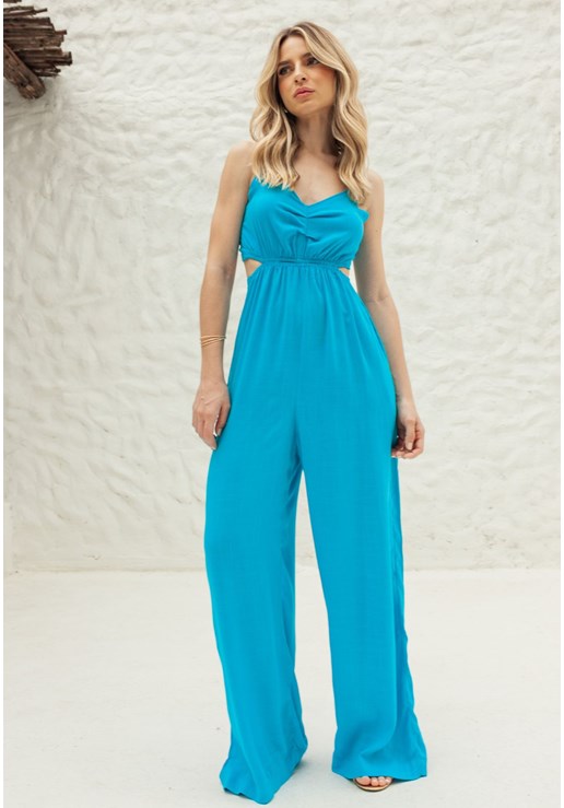 Macacão Pantalona com amarração cor Azul Dialogo Jeans Feminino