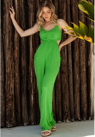 Macacão Pantalona com amarração cor Verde Dialogo Jeans Feminino