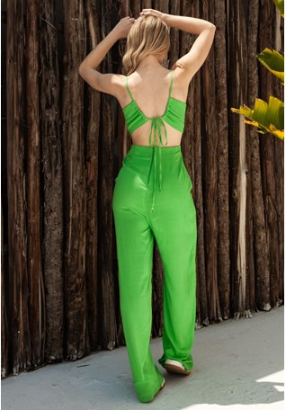 Macacão Pantalona com amarração cor Verde Dialogo Jeans Feminino