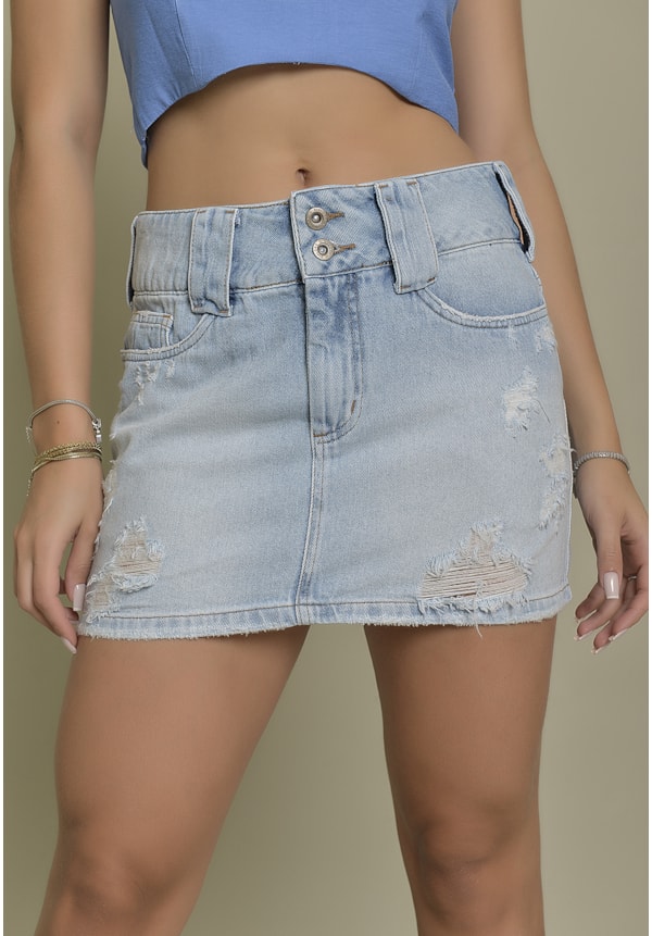 Saia Curta Jeans Destroyed Lavagem Clara Dialogo jeans Feminino-7adf1355-092b-47f7-b503-ad3a6f845b99