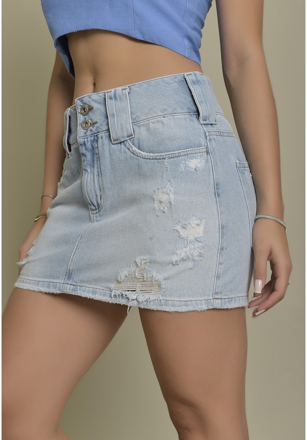 Saia Curta Jeans Destroyed Lavagem Clara Dialogo jeans Feminino-7da92d0c-bf73-4c3b-8dcf-d09dc2130778