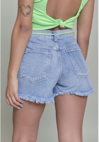 Shorts Jeans Dialogo Mom Marmorizada Com Cordão Verde Feminino