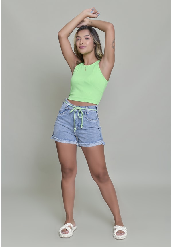 Shorts Jeans Dialogo Mom Marmorizada Com Cordão Verde Feminino-13891174-7753-411b-81af-3e3ed9be0b27