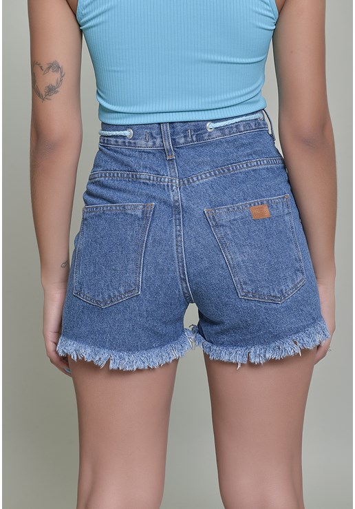 Shorts Jeans Dialogo Mom Stonada Com Cordão Azul Feminino