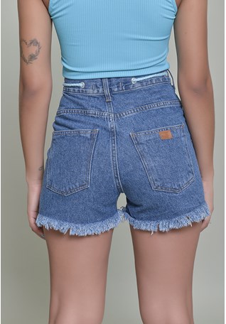 Shorts Jeans Dialogo Mom Stonada Com Cordão Azul Feminino