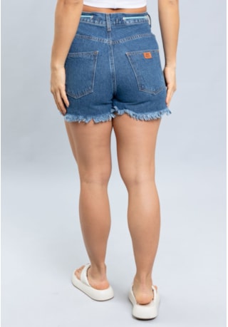 Shorts Jeans Mom Feminino com Cordão e Barra Desfiada Dialogo