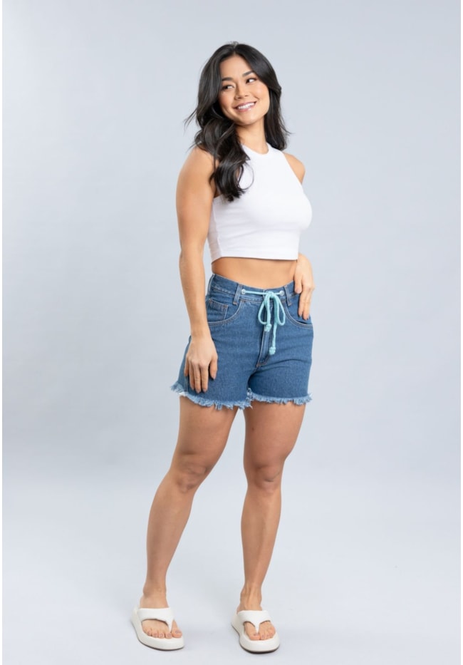 Shorts Jeans Mom Feminino com Cordão e Barra Desfiada Dialogo-91cce609-8832-42cb-a364-28c3716f354d