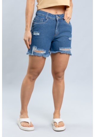 Shorts Jeans Mom Feminino Destroyed Barra Desfiada Dialogo Jeans