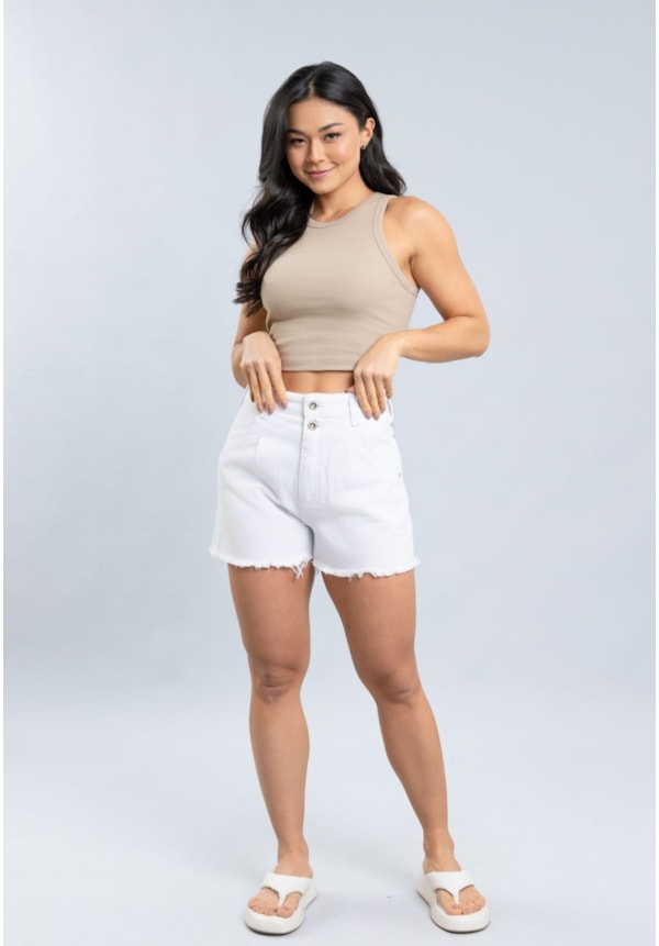 Shorts Mom Feminino de Sarja Branco Barra Desfiada Dialogo-24b97073-c683-4345-a59e-11c797616e55