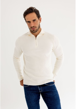 Suéter Meio Zíper Masculino em Tricô Canelado na Cor Creme Dialogo
