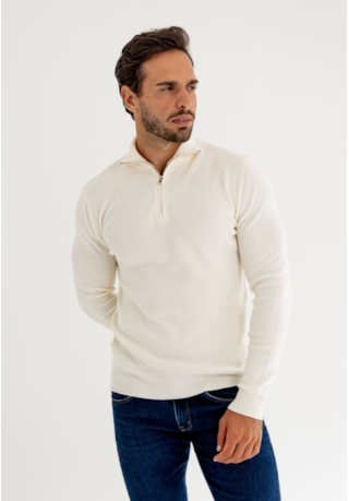 Suéter Meio Zíper Masculino em Tricô Canelado na Cor Creme Dialogo