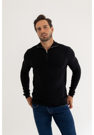 Suéter Meio Zíper Masculino em Tricô Canelado na Cor Preto Dialogo
