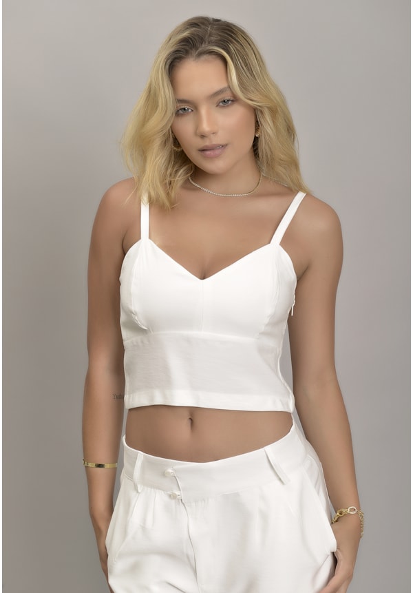 Top Blusa curta de alça na cor Off-White Dialogo Jeans Feminino-cfa05491-4b3f-45e5-b544-aeda8aff8e0f