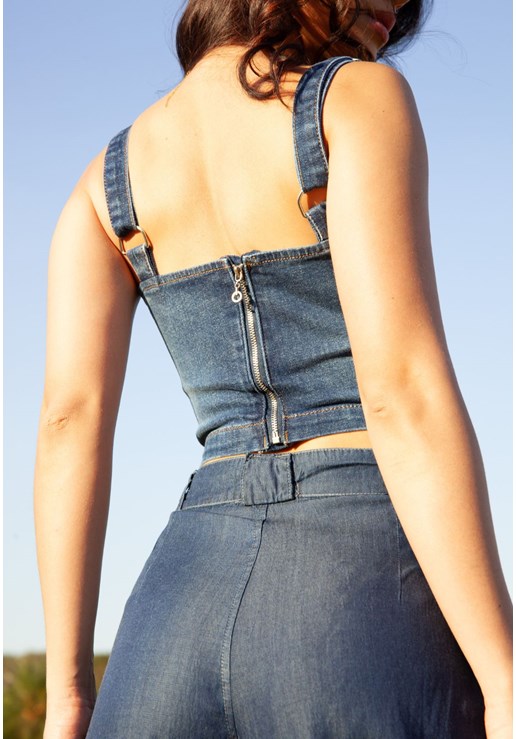 Top Jeans Cropped Stone Com Recorte Feminino Dialogo Jeans - GET